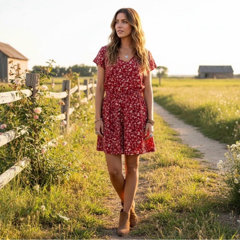 Kimchi Blue Red Floral Silky Sabrina Shirt Dress. Size Medium.